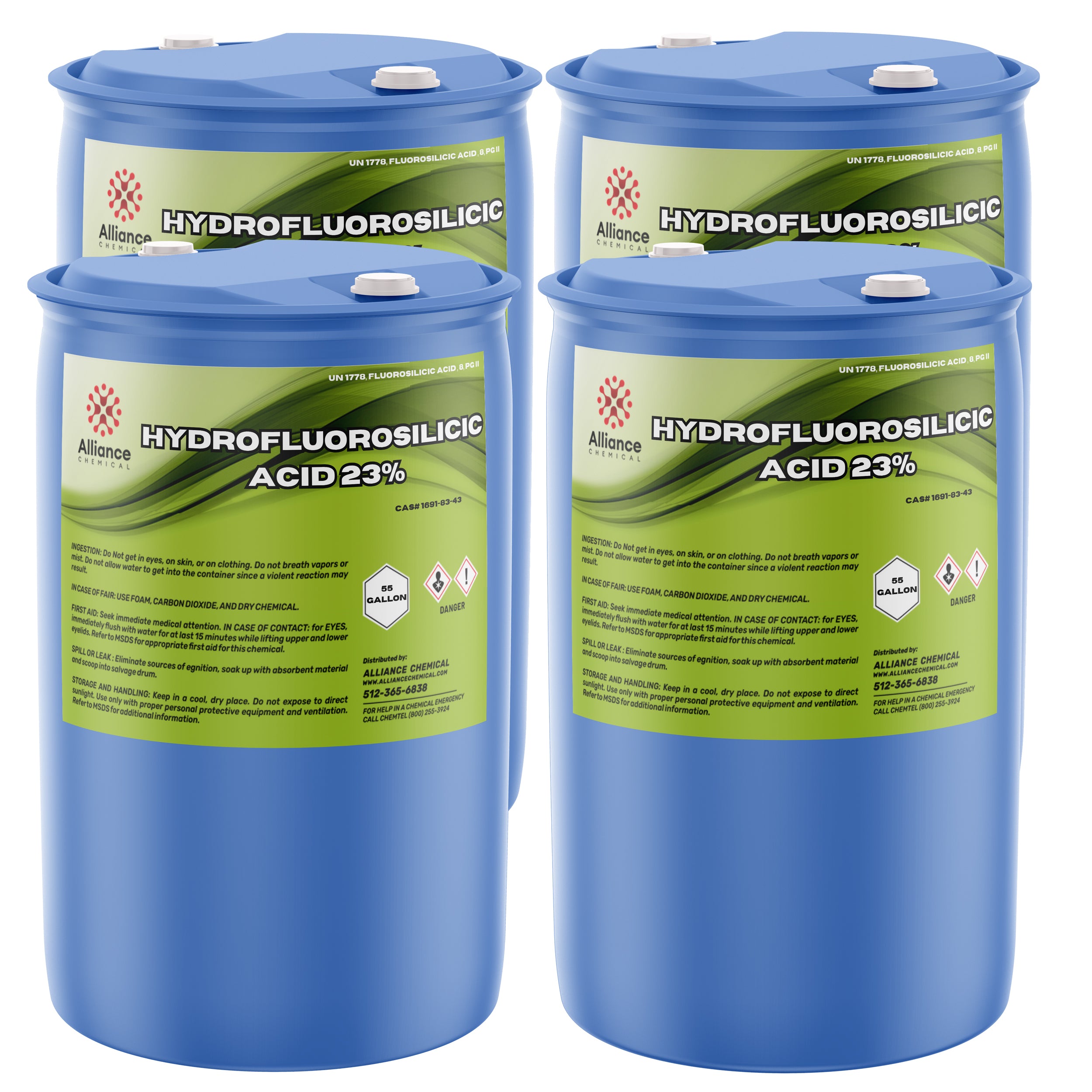 55-gallon blue HDPE drums of Hydrofluorosilicic Acid 23% (HFS) by Alliance Chemical, displaying UN1778 classification and hazard warning symbols.